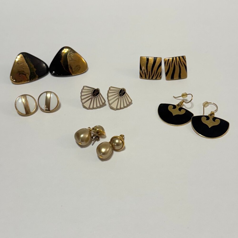 6 Pair Pierced Earrings Gold, Black, White